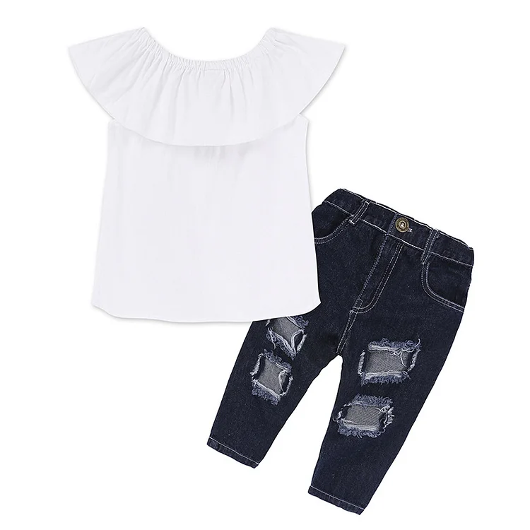 Kids Tales European and American Summer New Girls' Suit Wide Collar White off-Shoulder Top Ripped Jeans Children's Two-Piece Suit