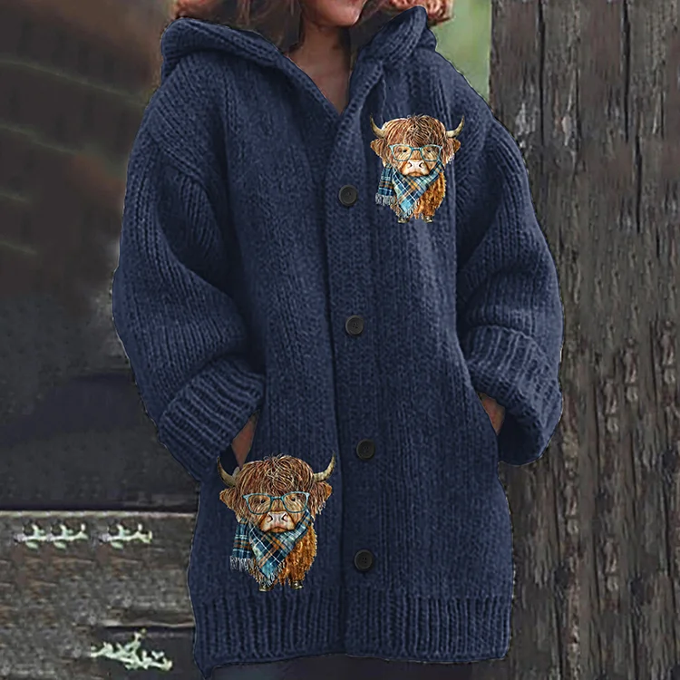 VChics Women's Plaid Scarf Highland Cow Print Cozy Knit Hooded Cardigan