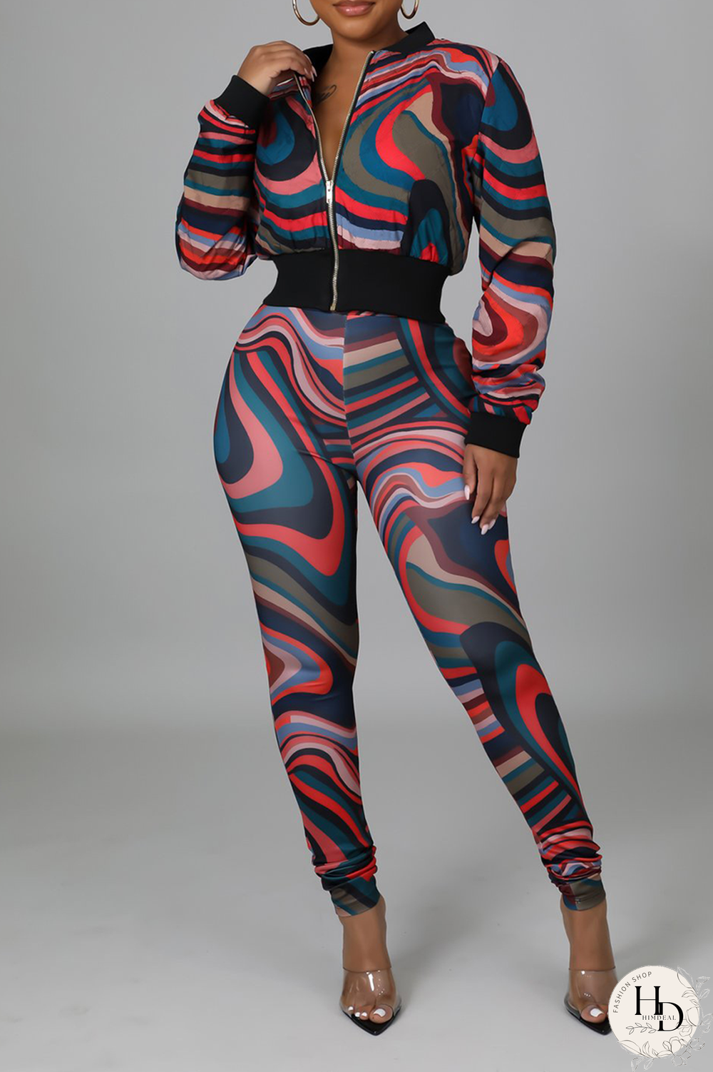 Colour Sexy Print Split Joint Zipper Collar Long Sleeve Two Pieces