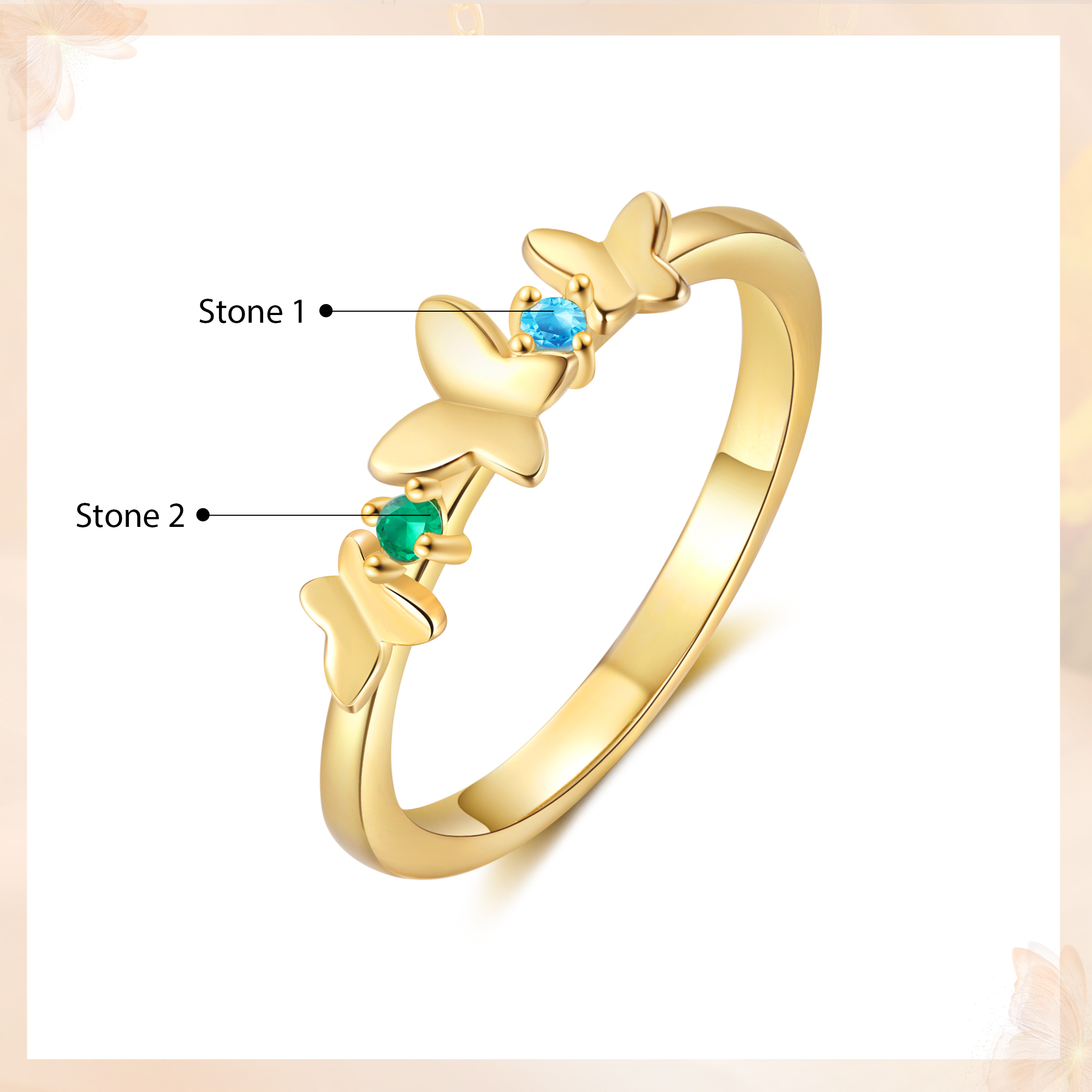 Personalised Butterfly Ring Custom 2 Birthstones Ring Birthday Gift for Her-Jessemade AU