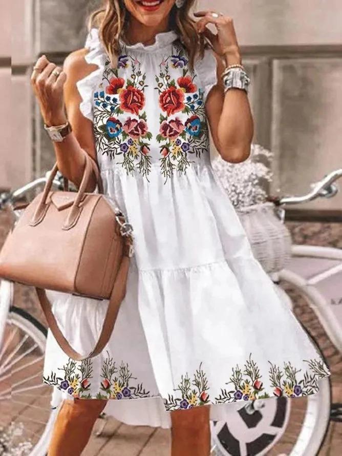 Floral Printed Casual Sleeveless Ruffled Midi Dress