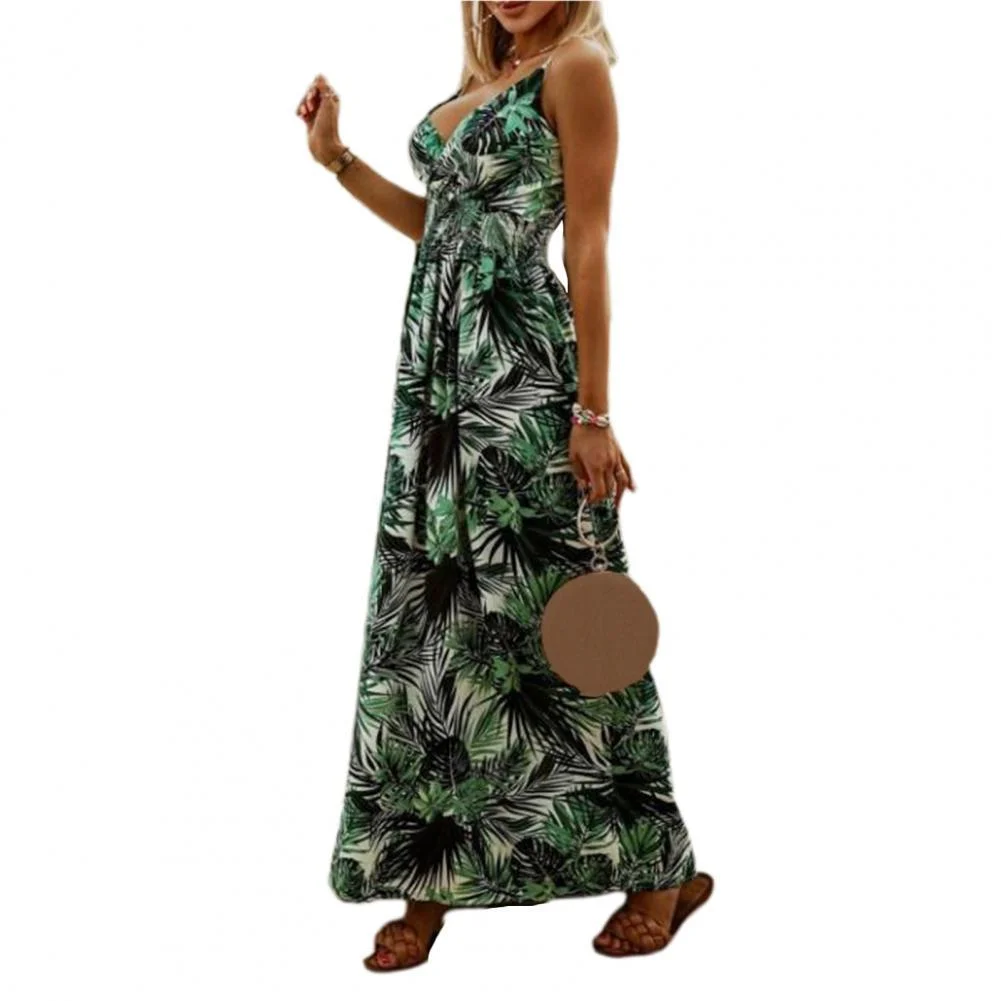Ladies Summer Flower Print Spaghetti Dress  V-Neck Waist Bohemian Backless Holiday Dress Footnote