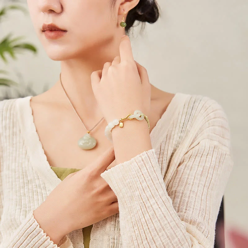 Natural Hetian Jade Bead Double Peace Buckle Fu Character Abundance Braided Bracelet