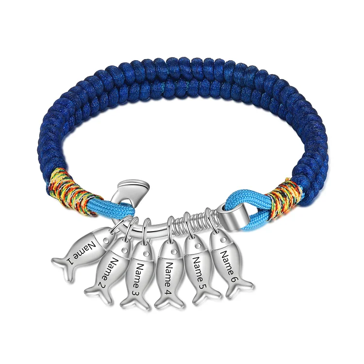 Braided Fishing Hook Bracelet with 6 Fish Charms Custom Names Men's Bracelet