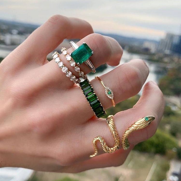 6pcs Green Diamond Snake Ring Set