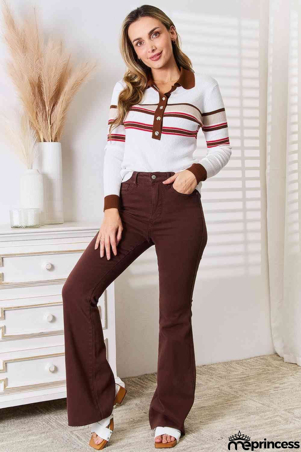 Basic Bae Striped Collared Neck Rib-Knit Top