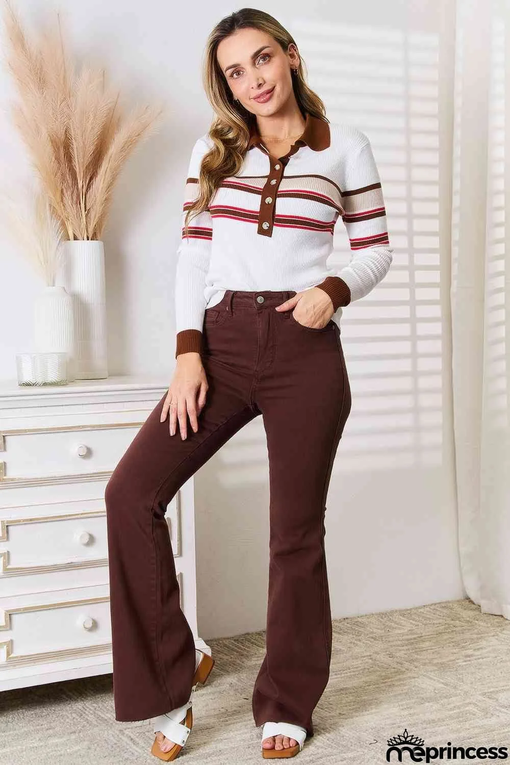 Basic Bae Striped Collared Neck Rib-Knit Top