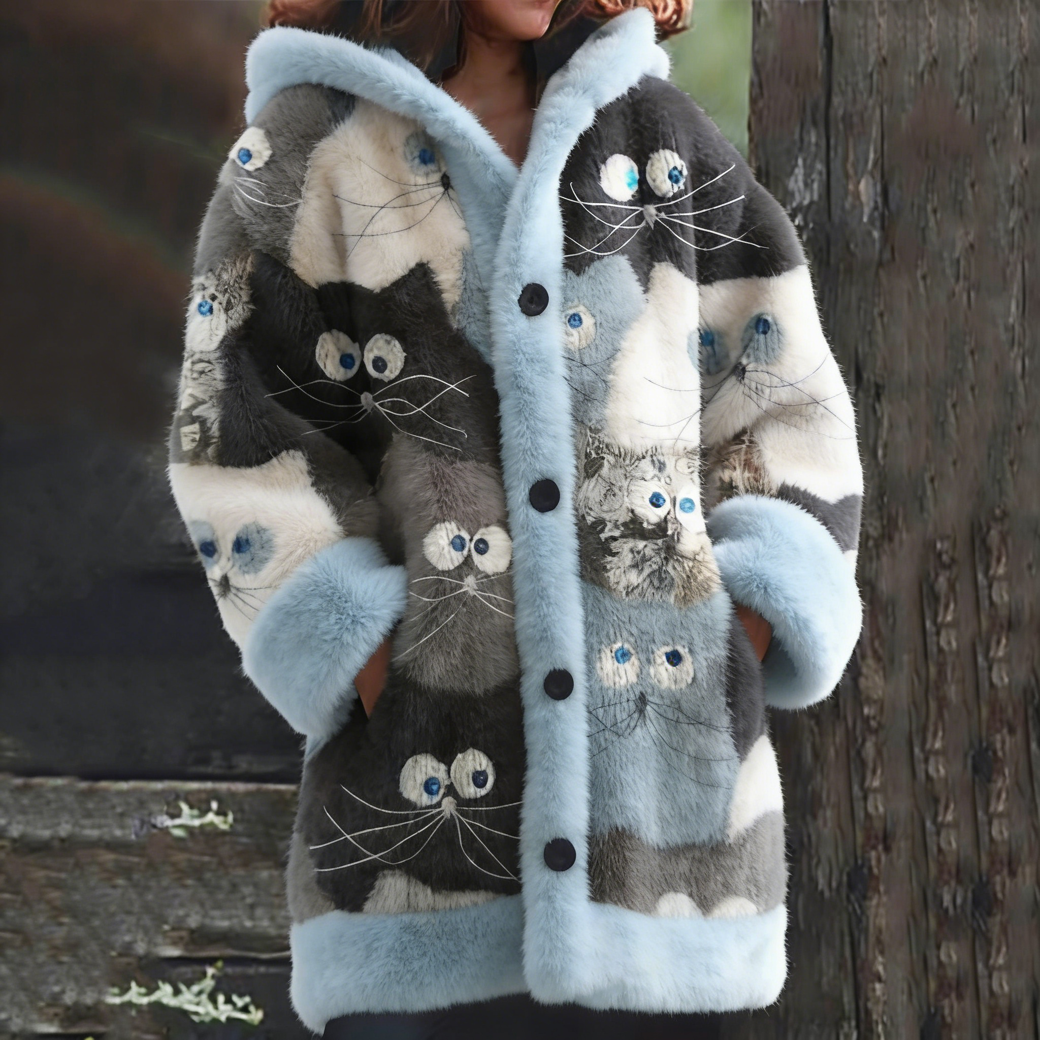 Women's Cat Art Pattern Cozy Hooded Cardigan wearshes