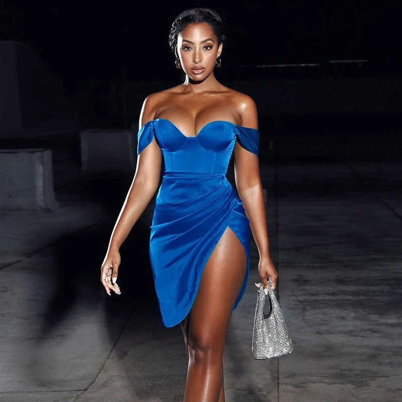 Satin off shoulder asymmetric slit mini dress-zachics