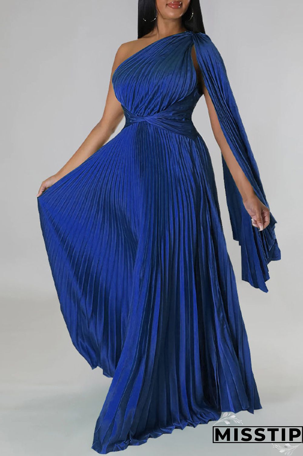 Colorful Blue Elegant Solid Patchwork Fold Oblique Collar Straight Dresses