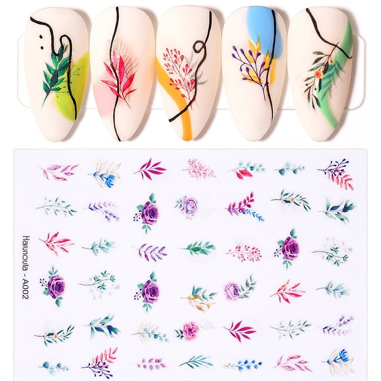 Harunouta Purple And Green Flower Leaves 3D Nail Sticker Summer Simple Geometric Lines Slider Decals Watermarks Manicures