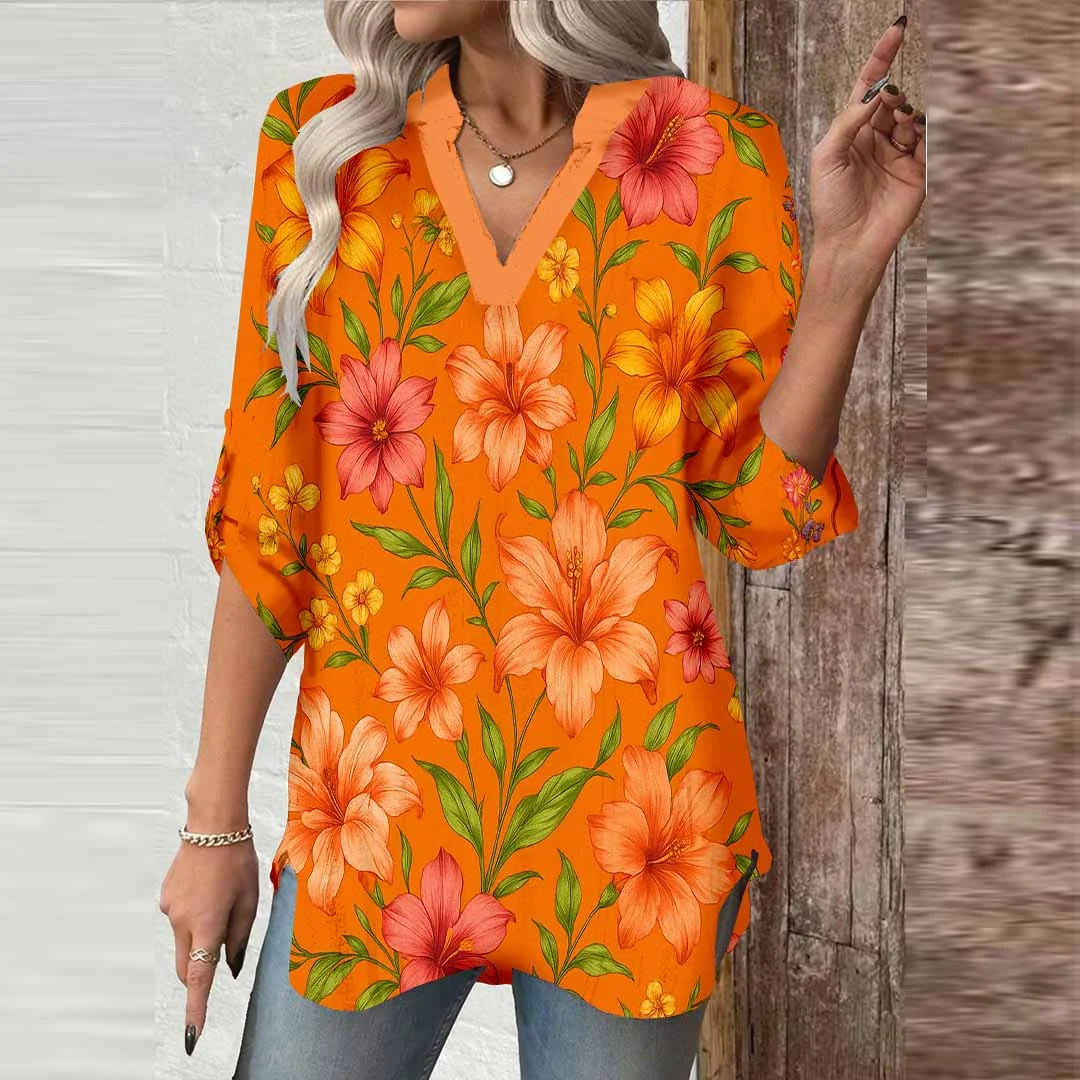 Women Tropical, Floral, Orange,Ladynora DZGA0080 3/4 Sleeve V-neck Printed Graphic Button Tops