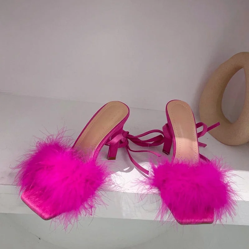 Summer Green Shoes Sandals Fashion Furry Cross-Tied Women Pumps 2022 Sexy Lace-up Party Dress Ladies 11CM Strange High Heels