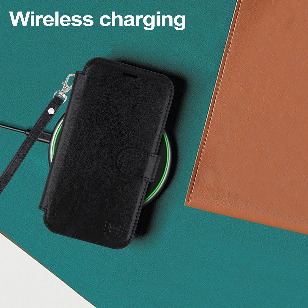 VANAVAGY Compatible for iPhone 16 Wallet Case for Magsafe Wireless Charging,Leather Flip Folio Wrist [Glass Screen Protectors & Camera Lens Protectors] with RFID Block Card Holder