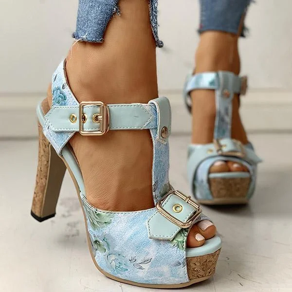 Flower Print Peep Toe Platform Chunky Heels
