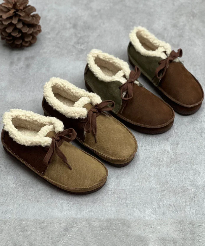 Coffee Flat Shoes For Women Lace Up Fuzzy Wool Lined Flat Shoes For Women