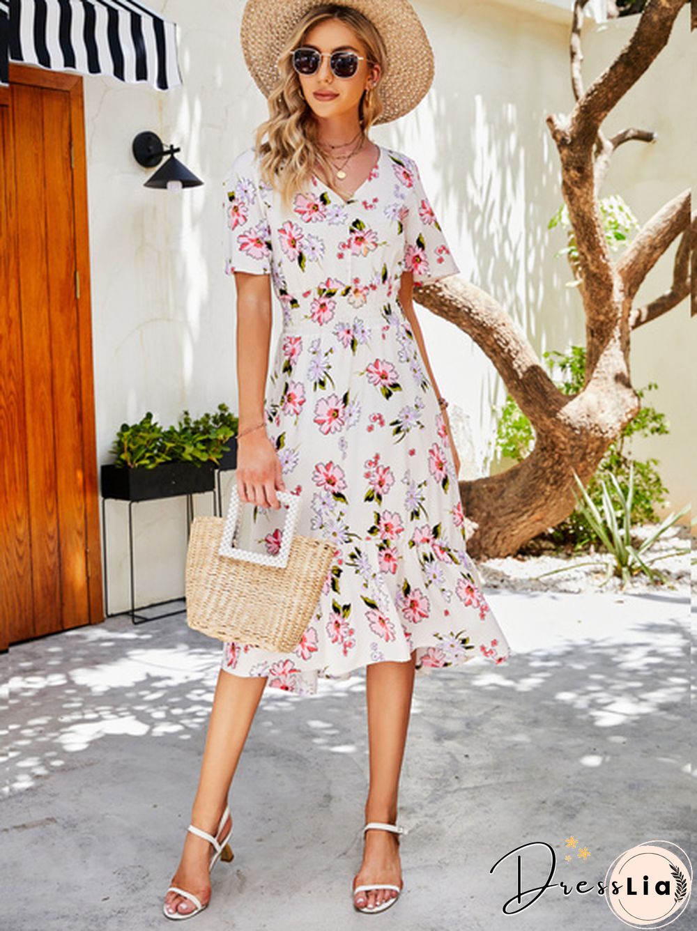 Disty Floral Smocked Elastic Waist Ruffle Hem Dress