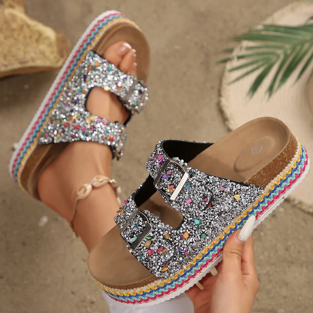 Breakj Breakj Fashion Thick-Bottomed Slippers Double Buckle Wearing Beach Corks Duke Bin Buckle Cold Slippers
