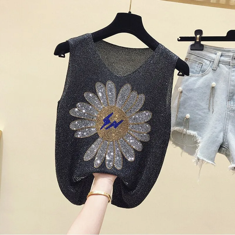 NEEDBO Diamond Tank Vests Women Tops V-neck Solid Fashion Female Sleeveless Casual Thin Top Pink Green Summer Knit Tee Shirt