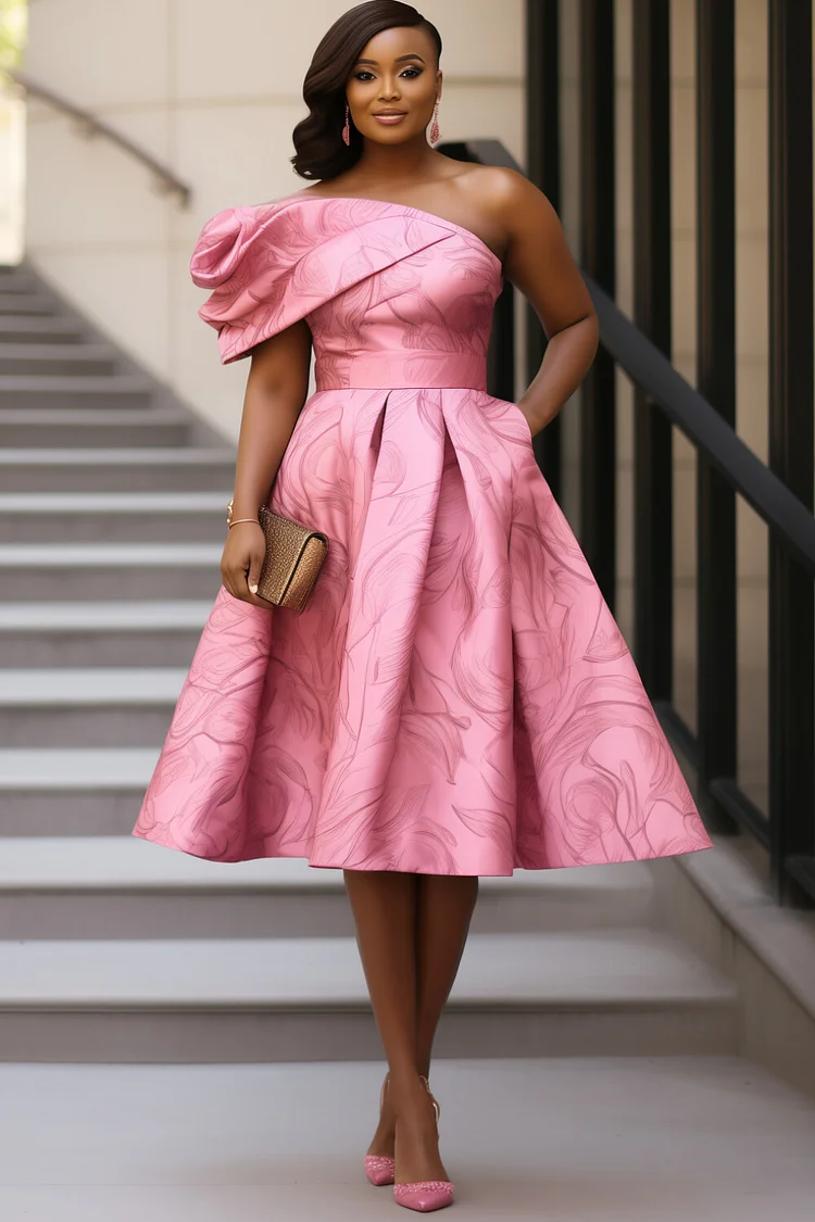 Xpluswear Design Plus Size Wedding Guest Pink All Over Print One Shoulder Short Sleeve 3D Elegant Pocket Satin Midi Dresses [Pre-Order] 2024 - Xpluswear