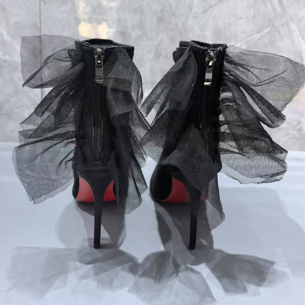 100mm Women's Black Breathable Mesh Boots Red Bottom Ankle Boots-MERUMOTE