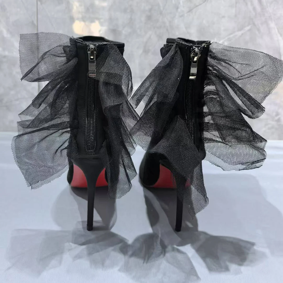 100mm Women's Black Breathable Mesh Boots Red Bottom Ankle Boots-MERUMOTE