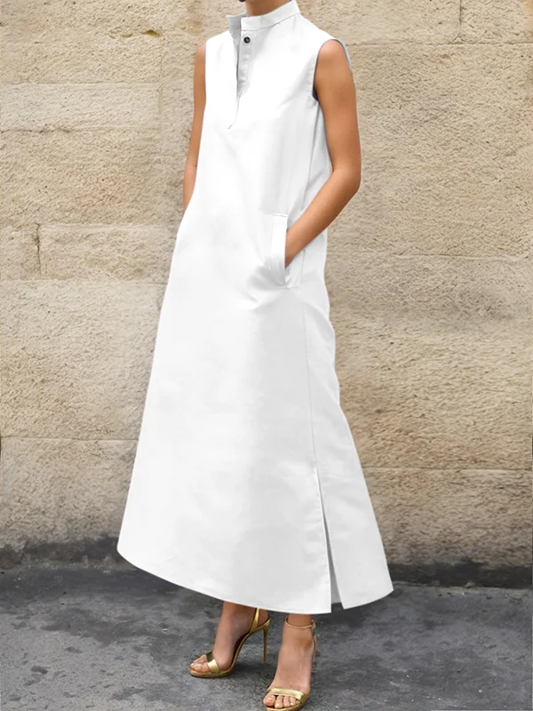 A-Line Loose Split-Joint Split-Side Stand Collar Maxi Dresses Shirt Dress