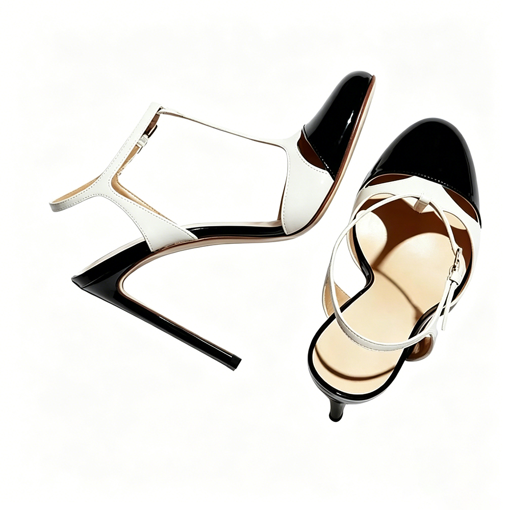 Two Tones T-bar Sandals For Women Fashion Splicing Round Toe High Stiletto Heels Shoes Ladies Summer Luxury Gold Work Sandals  highheelher