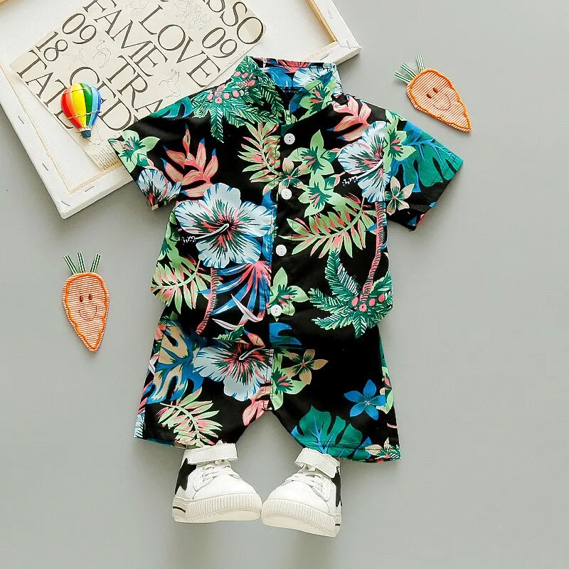 Boys/Girls Short-sleeved Shirt+Shorts Set 2021 Summer New Fashionable and Handsome 1-2-3-4-5 Years Old Kids Beach Vacation Suit
