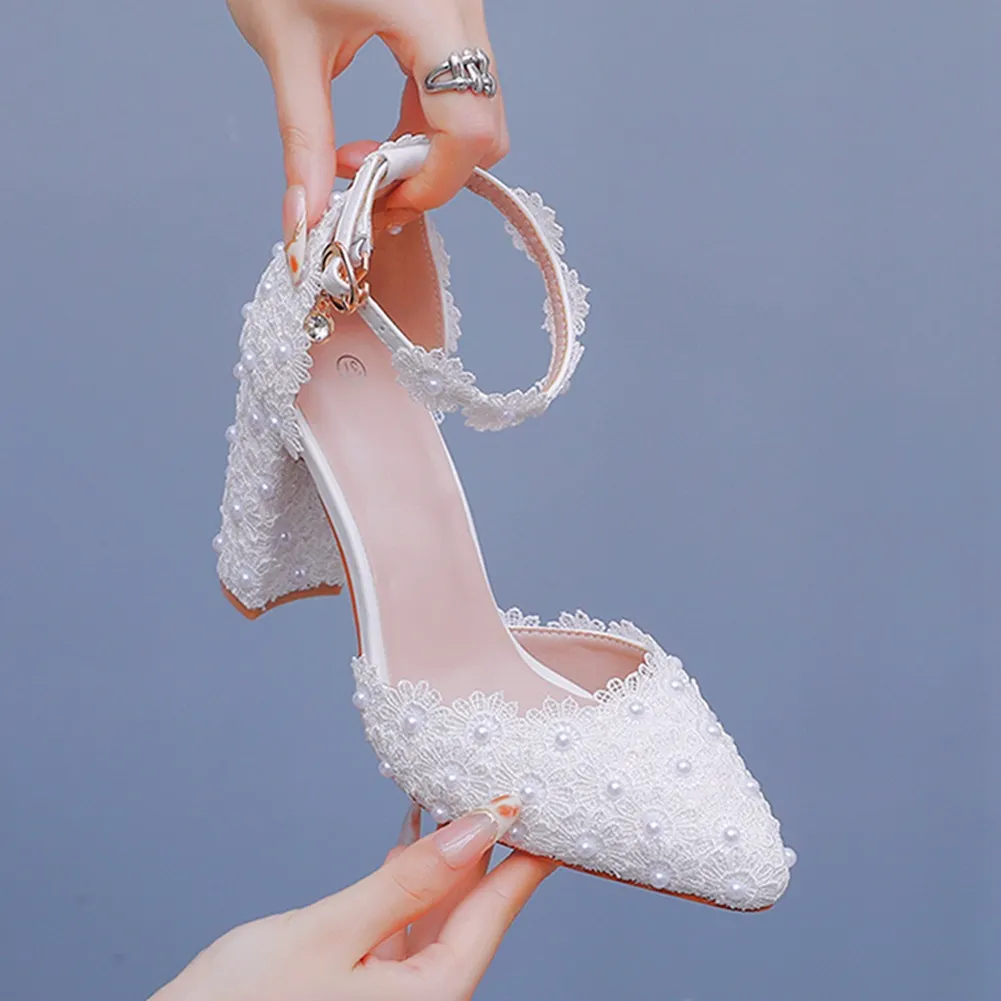 Breakj Breakj Lace Pointed Women's Singles Lace Wedding Dress Shoes Spring Thick Heel Sharp Sandals White Wedding Shoes Shallow