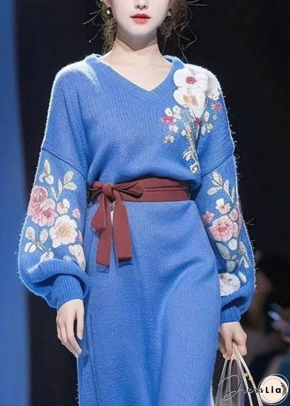 Modern Blue V Neck Print Tie Waist Cotton Knit Long Sweater Dress Winter