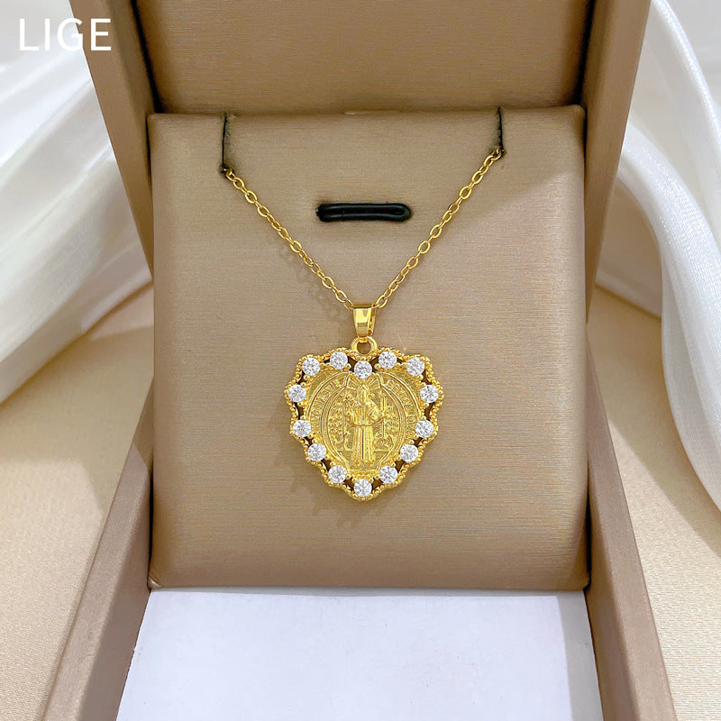 Love Portrait Full Diamond Gorgeous Full Diamond Necklace Female Versatile Clavicle Chain Titanium Steel Chain