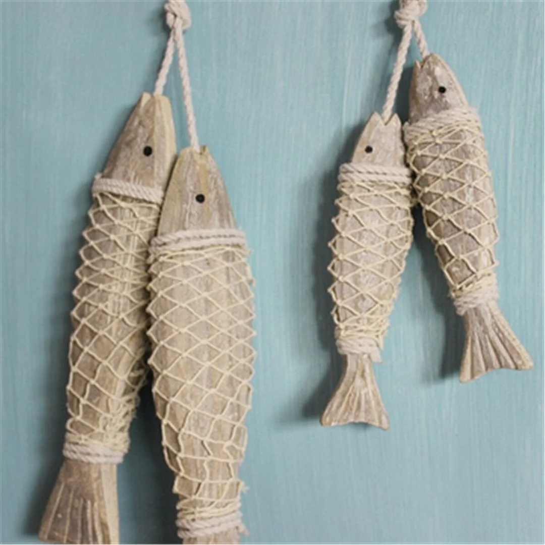 2pcs Hand Carved Hanging Marine Coastal Wooden Fish Wall Sculptures DIY Home Room Nautical Decor