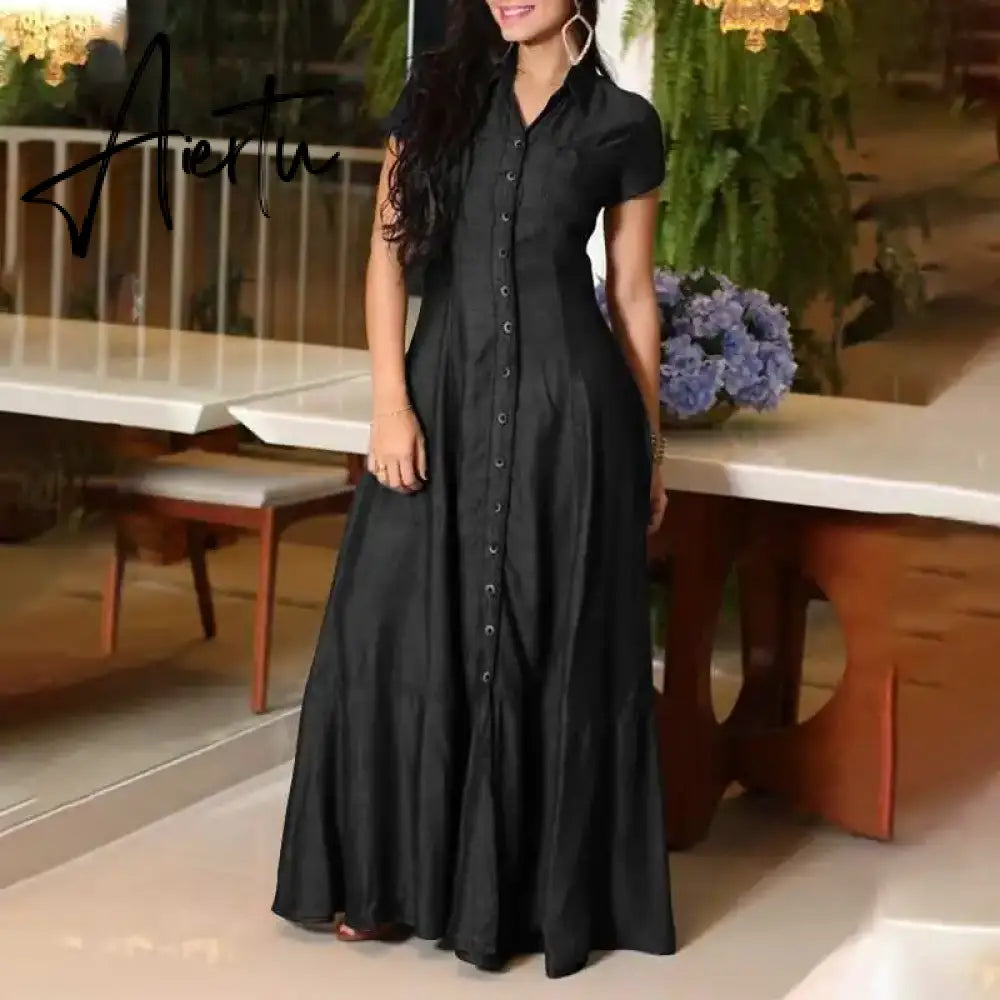 Short Sleeve Female Dress With Pockets Loose Big Swing Clothing Denim Elegant Casual Outfits Solid Color Long Dresses Plus Size Aiertu