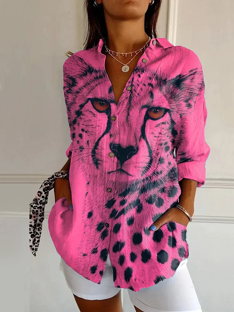 Vintage Pink Cheetah Print Casual Long Sleeve Shirt
