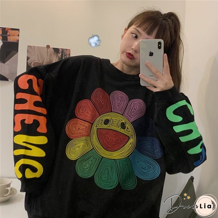 Christmas Gift QWEEK Harajuku Rainbow Hoodie Women Sunflower Print Crewneck Sweatshirt Streetwear Y2k Korean Fashion Long Sleeve Pullover Chic