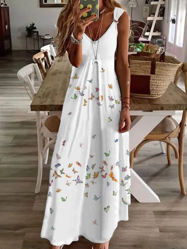 Casual Butterfly Sleeveless V Neck Printed beach dresses