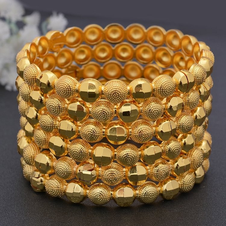 6Pcs/Set Trendy Dubai African Gold Color Bead Bangles For Women