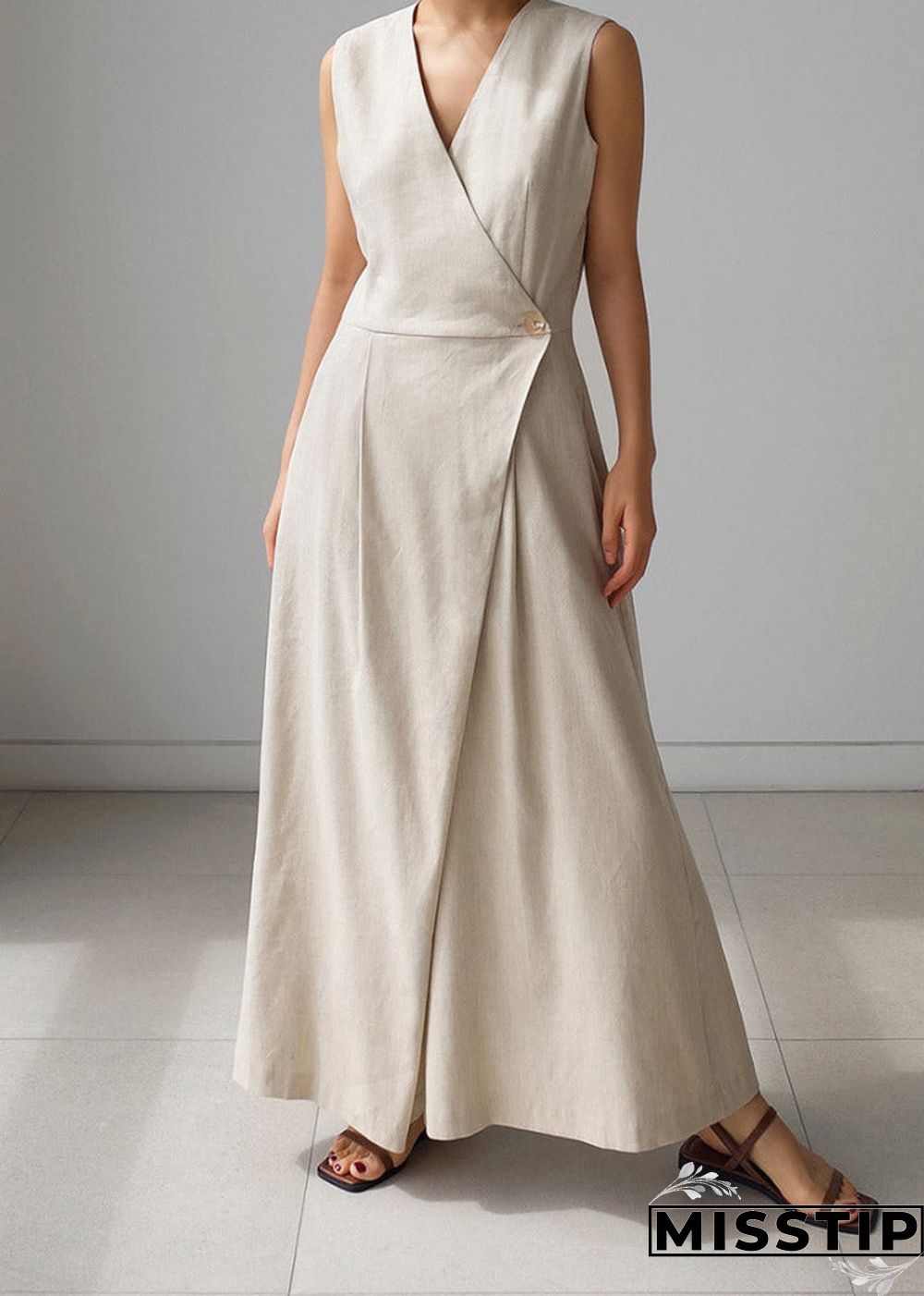 Chic Beige V Neck Button Pockets Jumpsuit Pants Summer