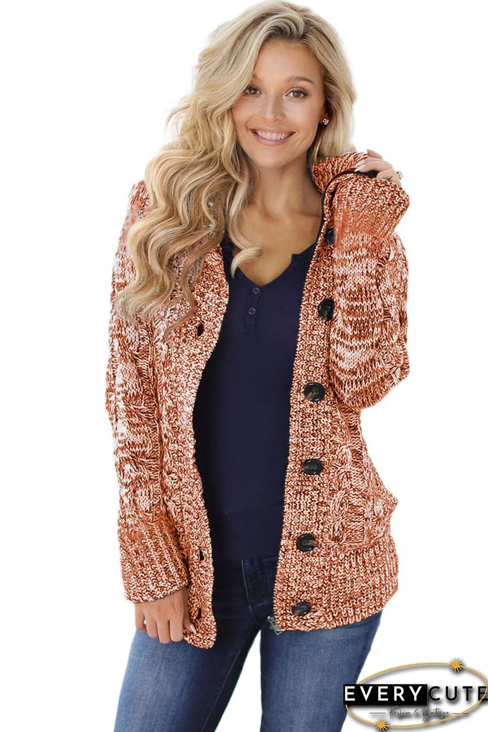 Orange Long Sleeve Button-up Hooded Cardigans