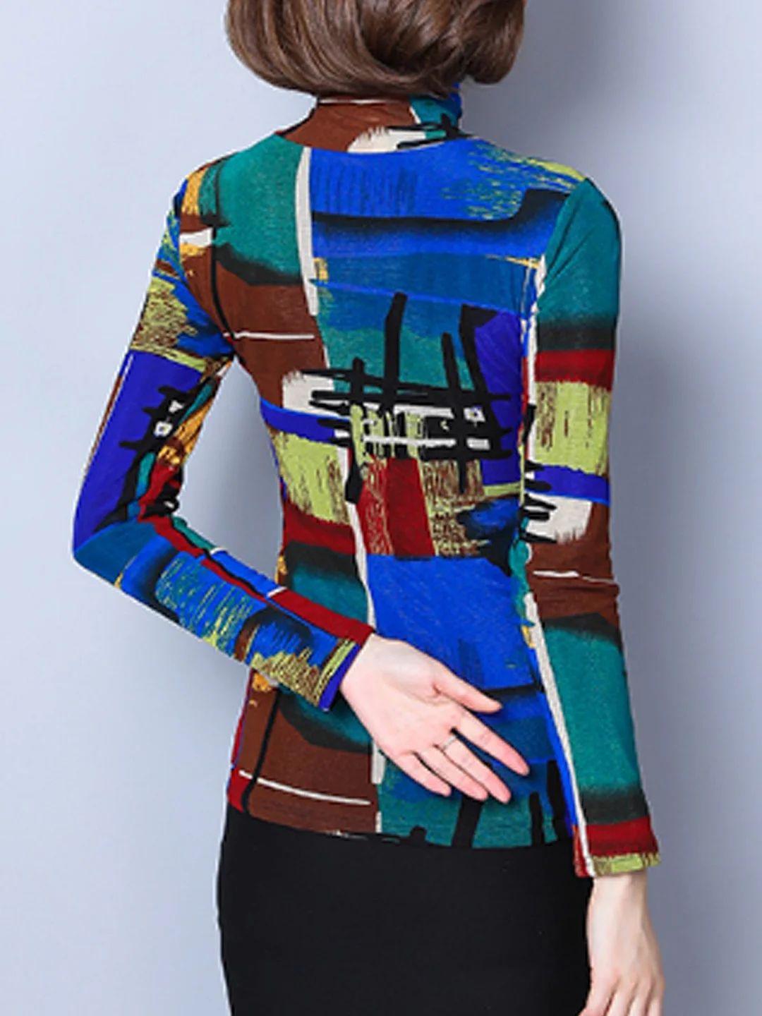 Turtle Neck Printed Color-block T-Shirt