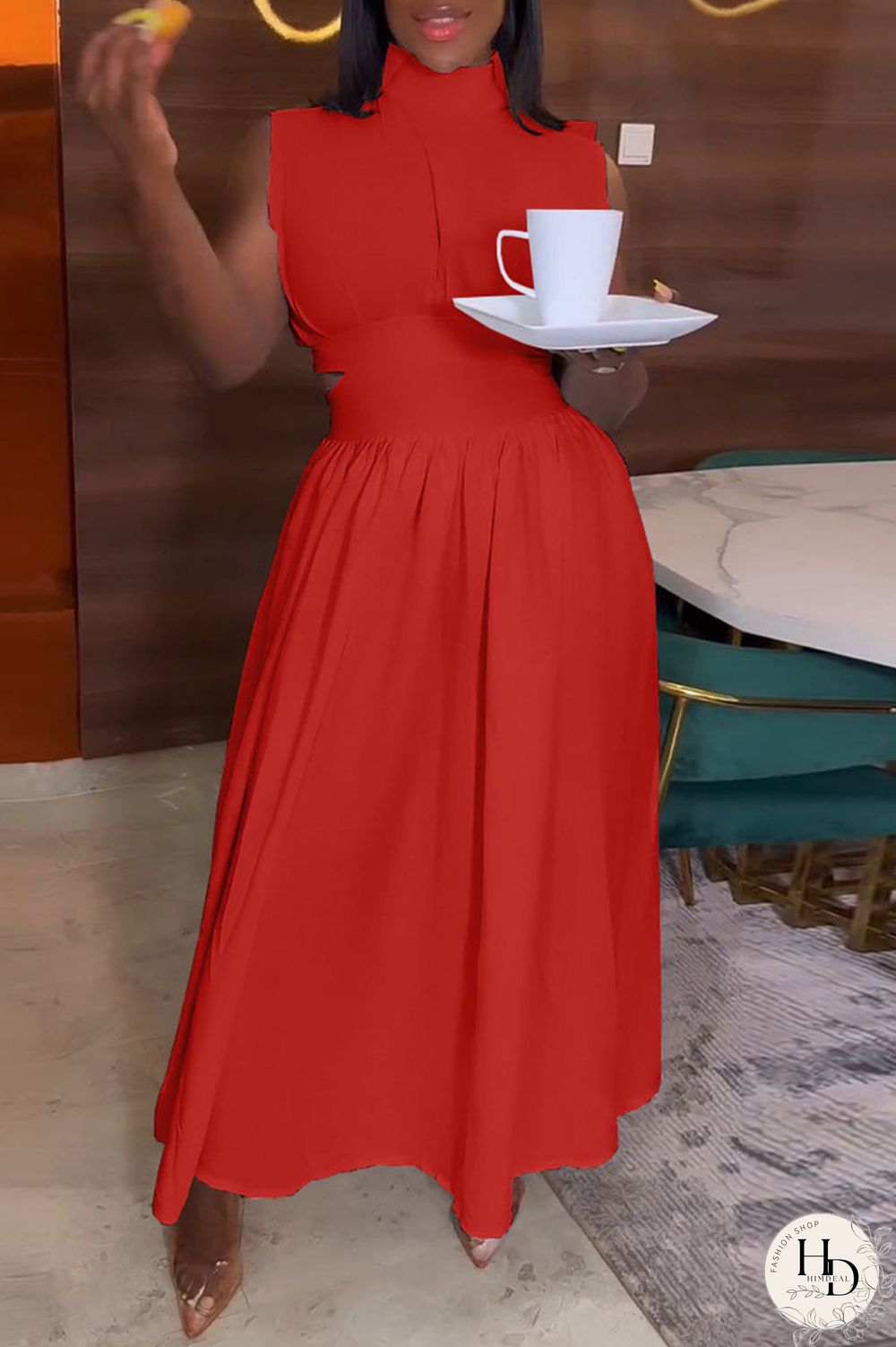 Red Elegant Solid Hollowed Out Patchwork Half A Turtleneck A Line Dresses