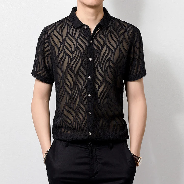 Transparent Shirt for Men Hollow out Men's Short Sleeve Printed Shirt Young and Middle-Aged Men's Casual Half Sleeve Shirt