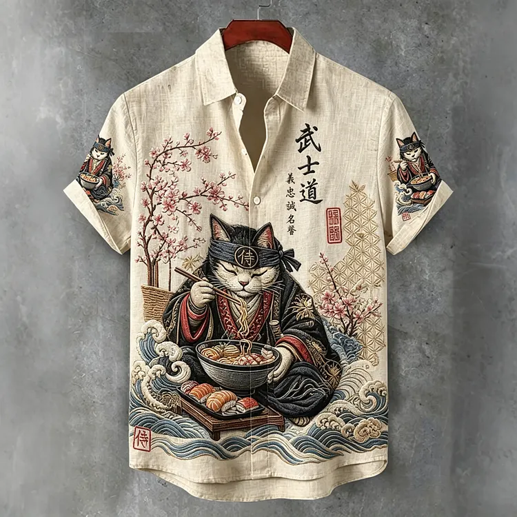 Men's Retro Japanese Samurai Cat Design Short-sleeve Shirt