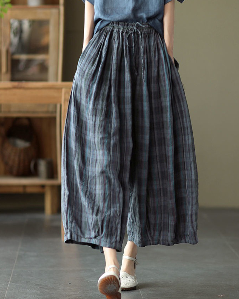 Plaid Pattern Drawstring Waistband Loose Wide Leg Pants
