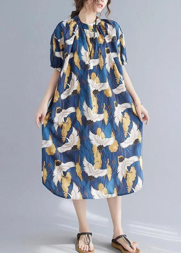 Loose Blue Print Cotton O-Neck Loose Summer Mid Dress ( Limited Stock)