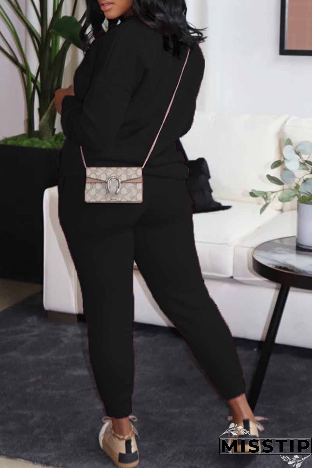 Black Casual Print Letter O Neck Long Sleeve Two Pieces