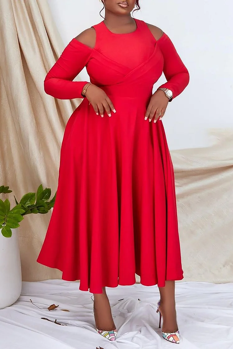Plus Size Semi Formal Midi Dresses Elegant Red Fall Winter Cold Shoulder Long Sleeve Cut Out Knitted Midi Dresses [Pre-Order]