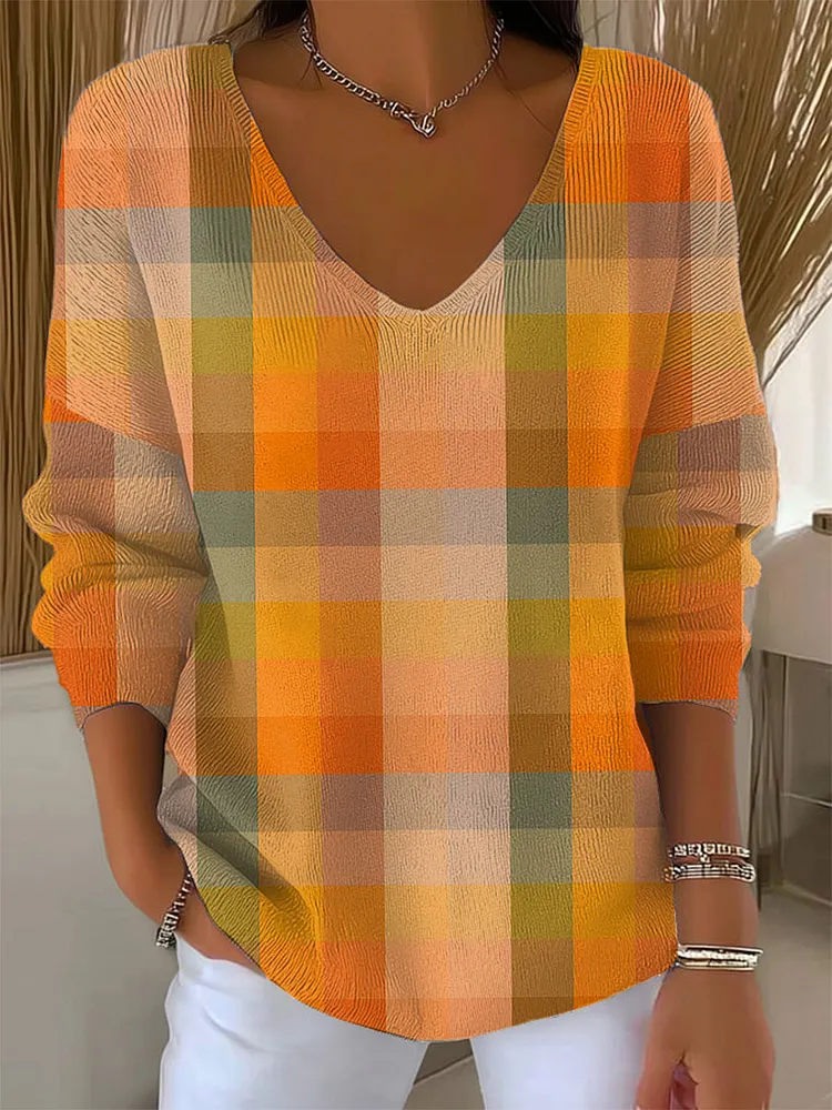 Women's Vintage Abstract Plaid Art Print Casual Pullover Sweater