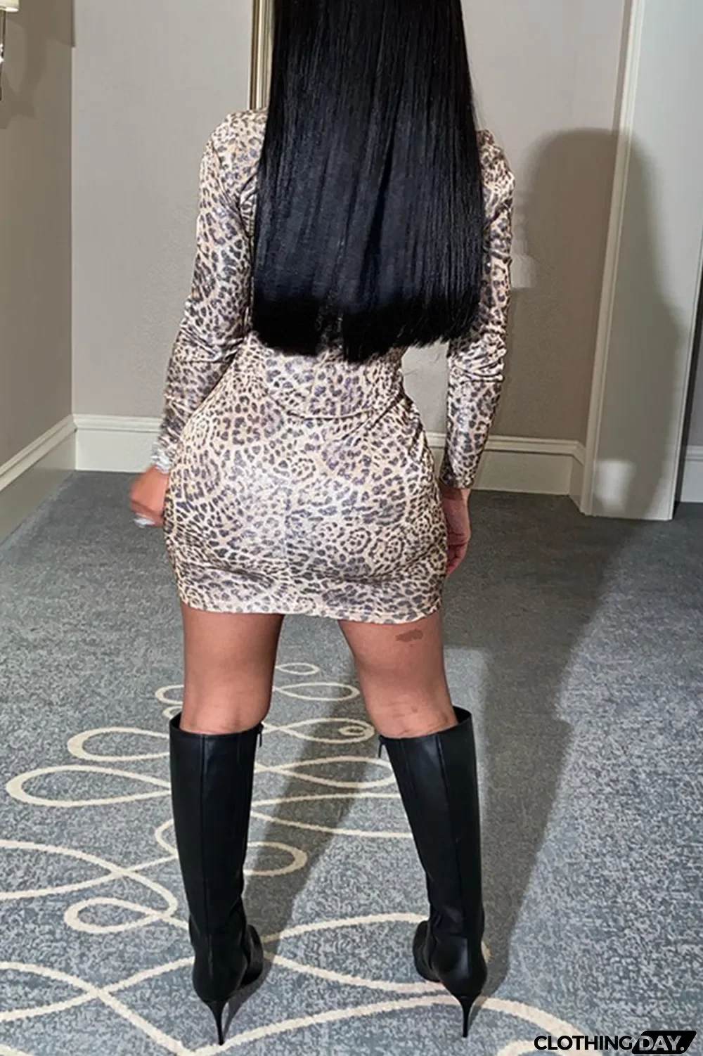 Coffee Sexy Animal Print Split Joint Turtleneck Pencil Skirt Dresses